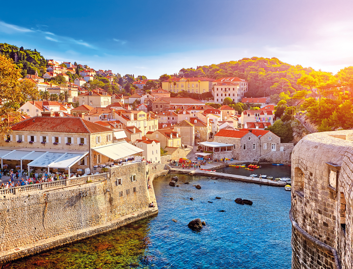 The General view of Dubrovnik - Fortresses Lovrijenac and Bokar seen from south old walls at sunset. Croatia. South Dalmatia.