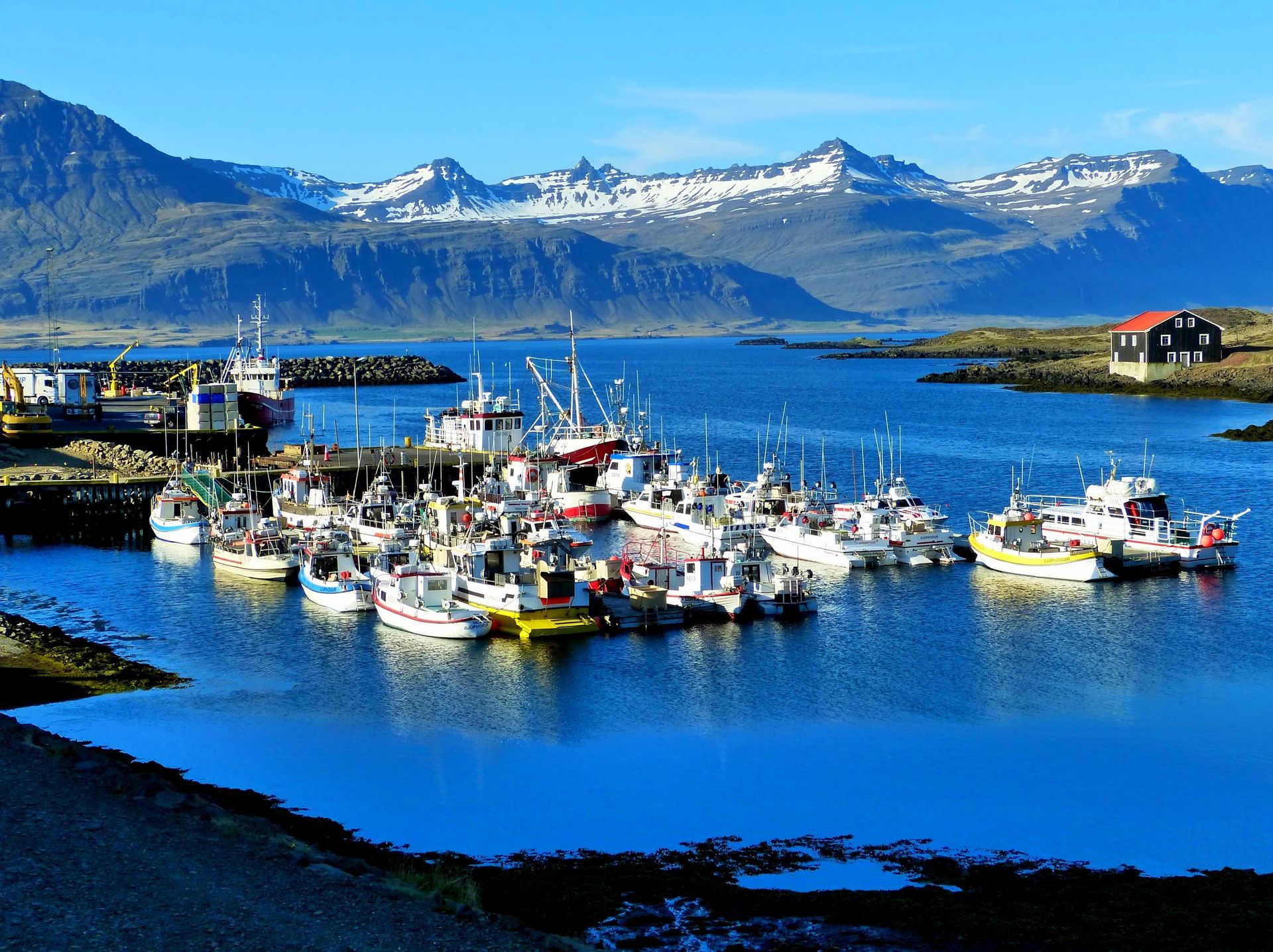 Djupivogur Iceland ships in cruise port bay. Small Icelandic fishing village located in stunning surroundings in the East Fjords of Iceland. 