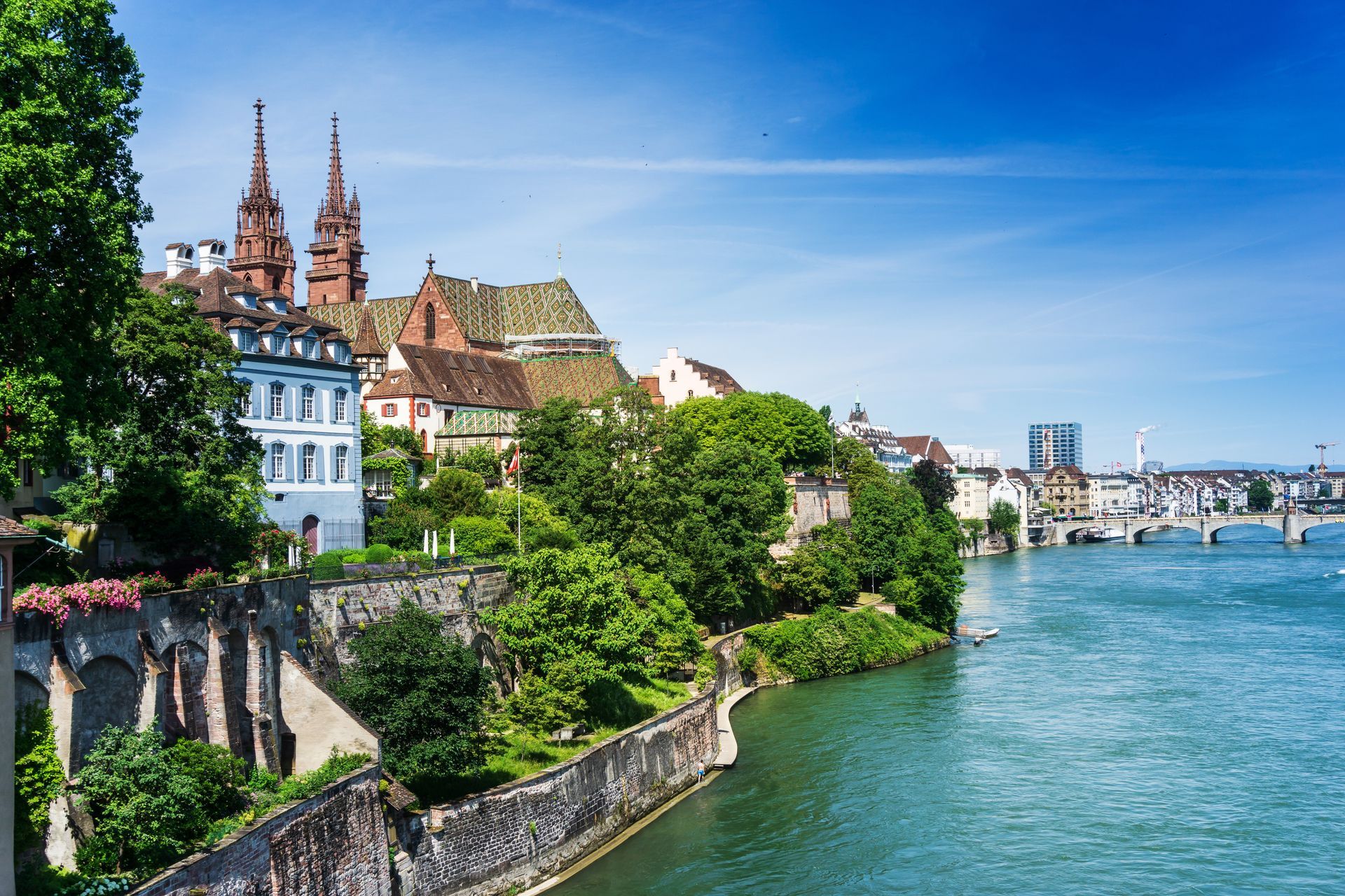 BASEL, SWITZERLAND - June 16, 2017: Rhine river in Basel, Switzerland