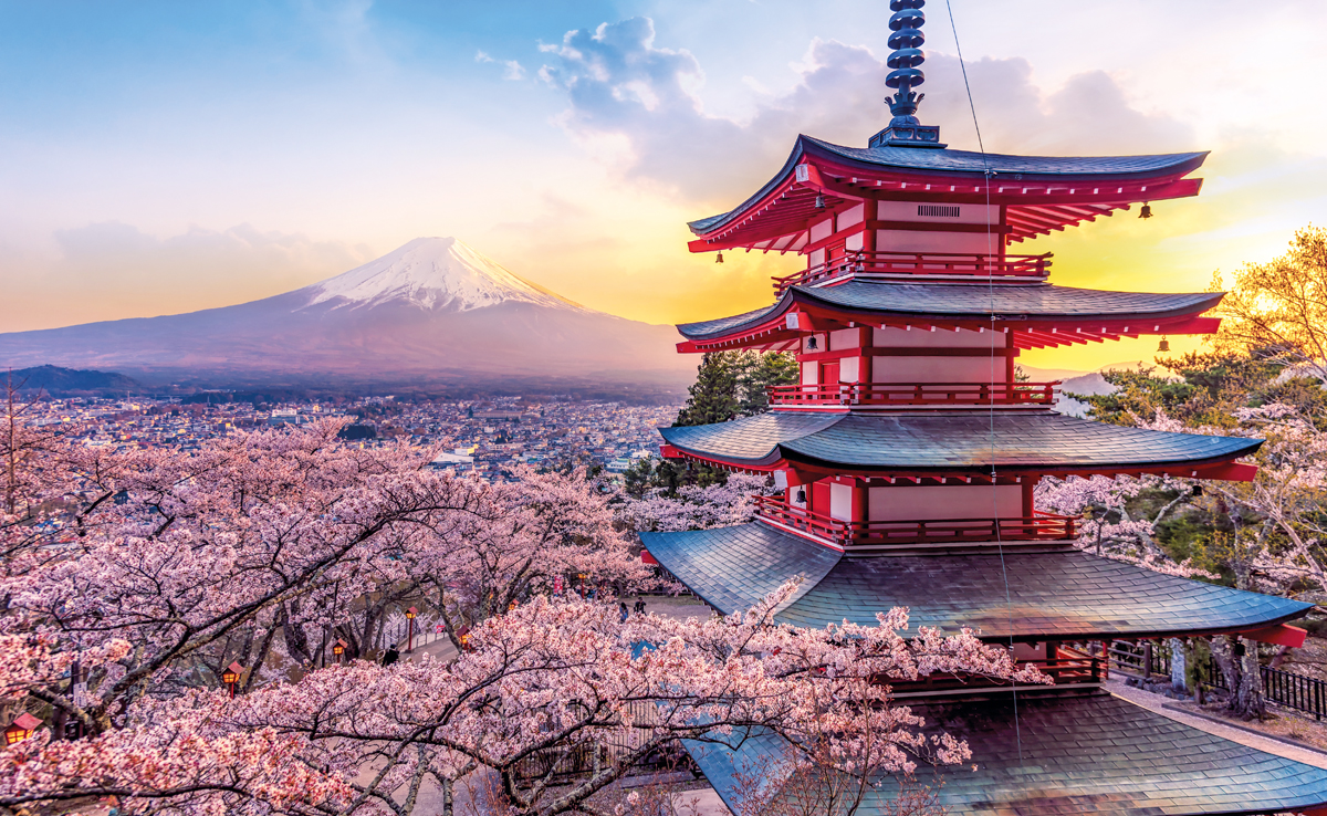 Fujiyoshida, Japan Beautiful view of mountain Fuji and Chureito pagoda at sunset, japan in the spring with cherry blossoms