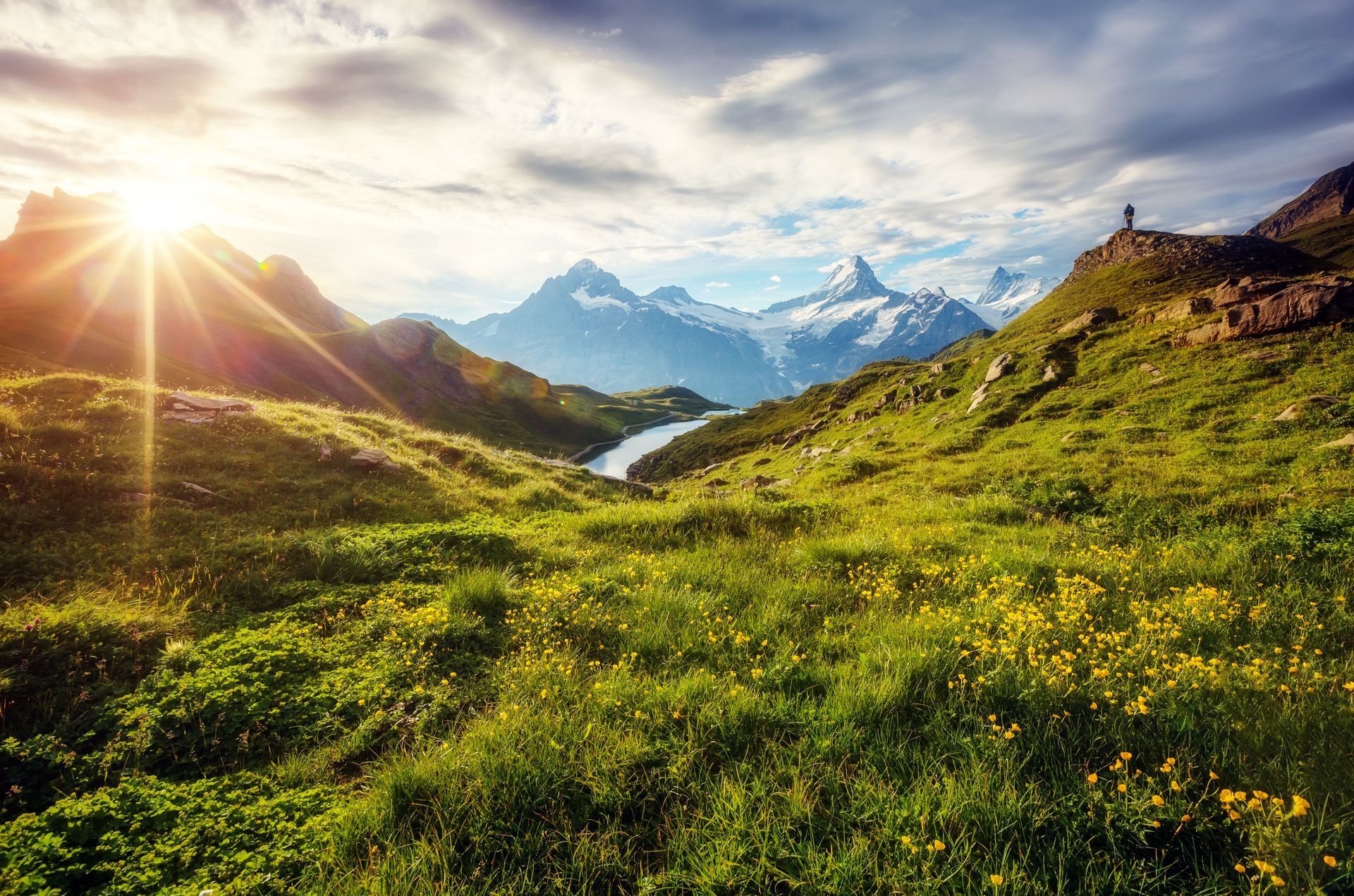 Panorama of Mt. Schreckhorn and Wetterhorn. Location place Bachalpsee in Swiss alps, Grindelwald, Europe.