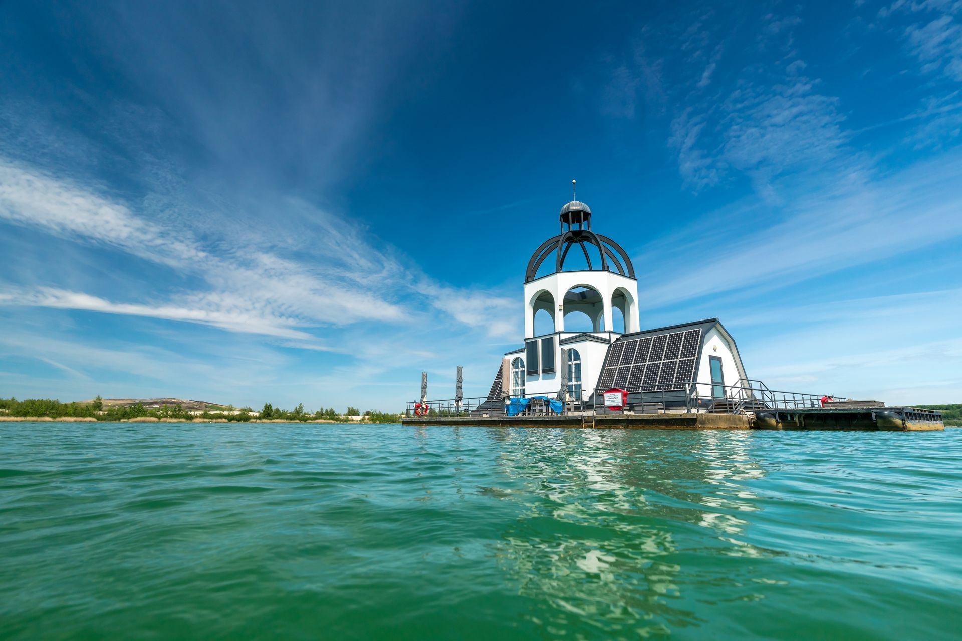 Störmthal, Germany - May 21 2020: Swimming church Vineta on the Störmthaler Lake near Leipzig